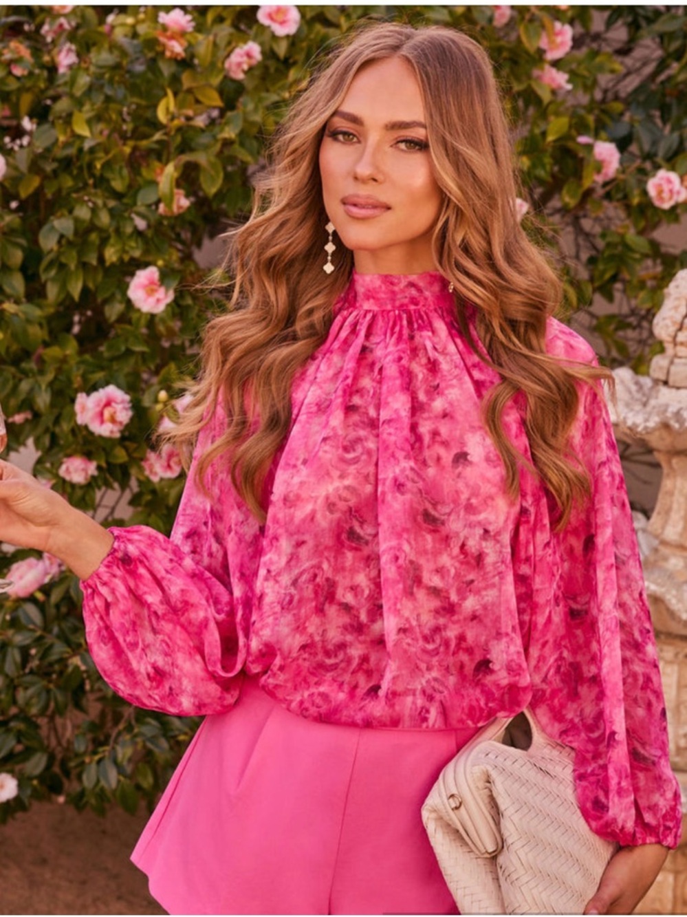 Vici Pink Marble-Print Blouson Sleeve Top